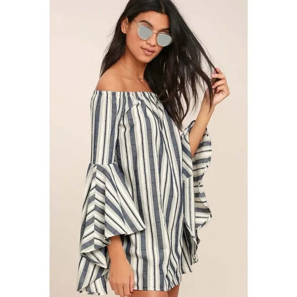 Lulu's Along the Tides Navy Blue Striped Off the Shoulder Boho Dress Size Medium - Picture 2 of 11